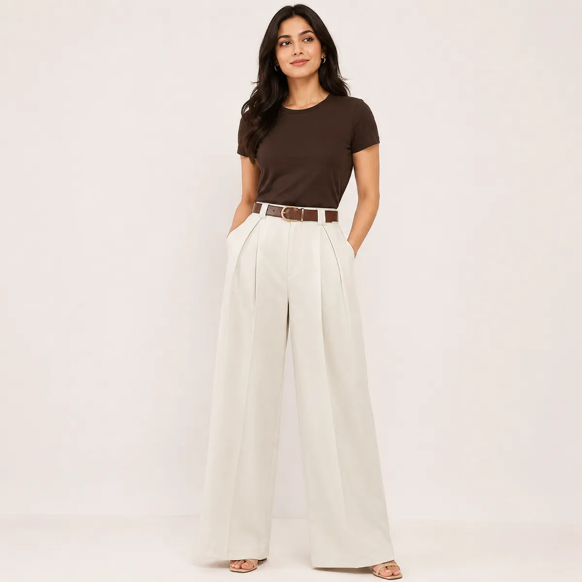 Korean Style High Waist Belted Cream