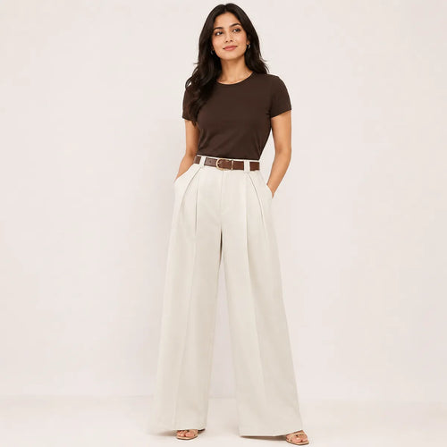 Korean Style High Waist Belted Cream