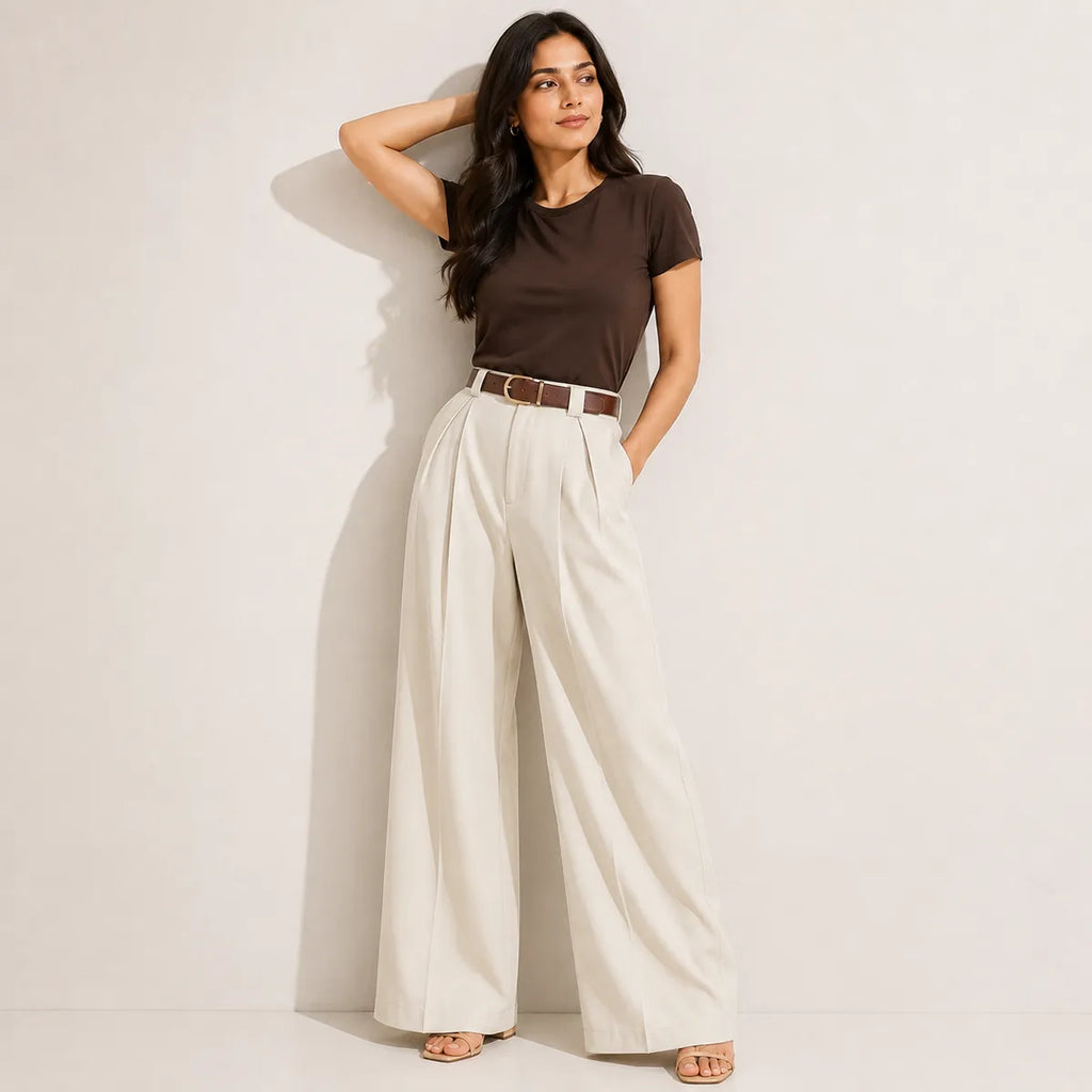 Korean Style High Waist Belted Cream