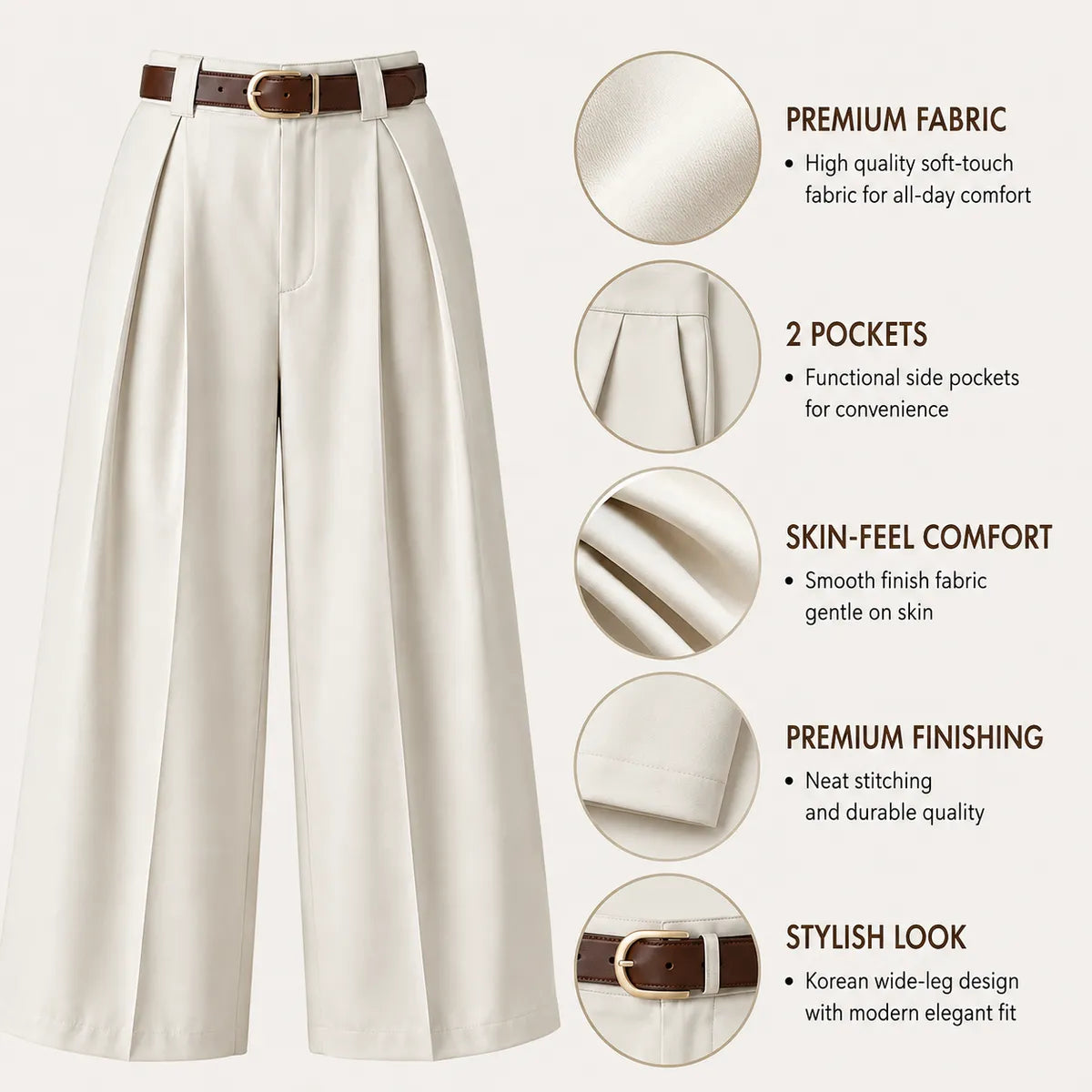 Korean Style High Waist Belted Cream