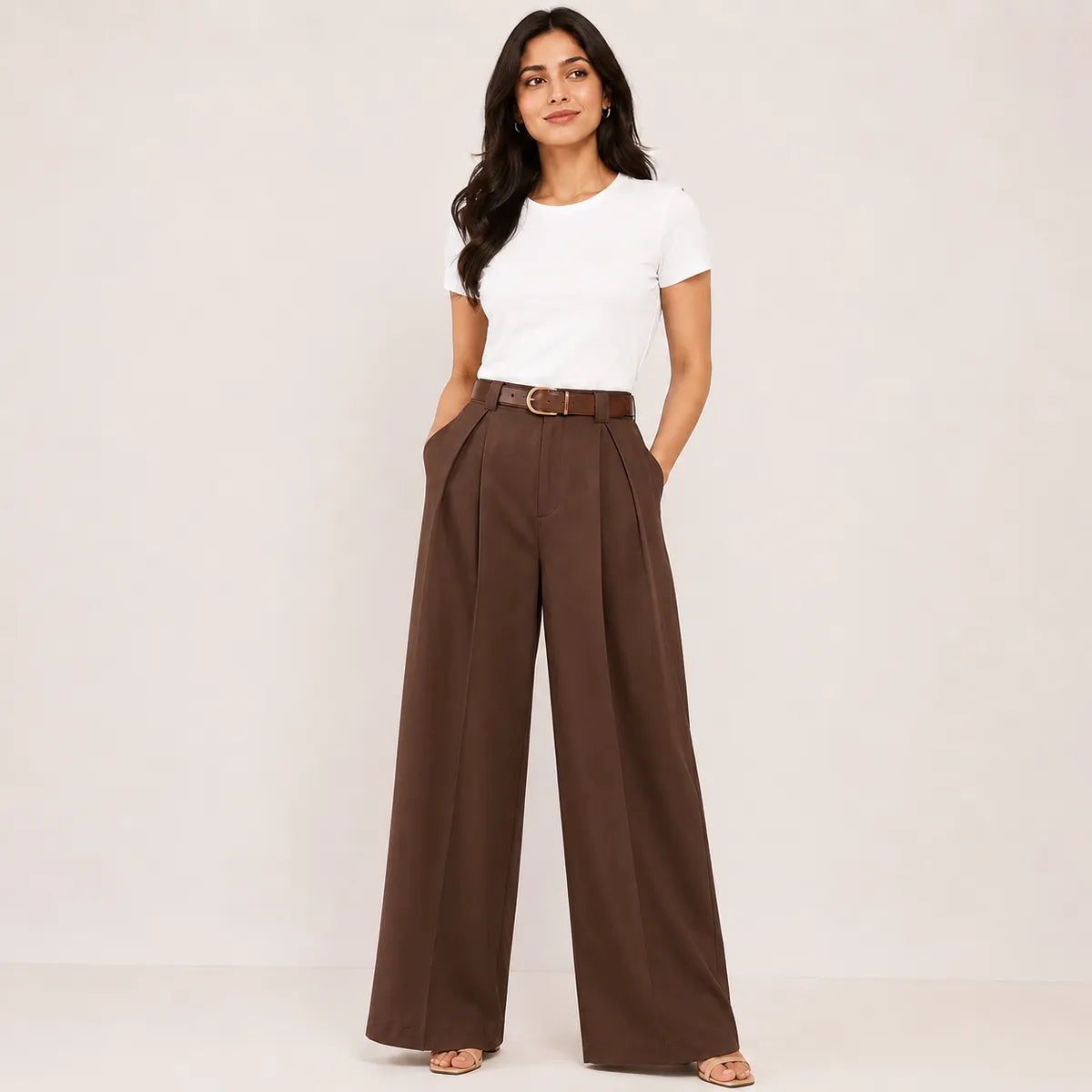 Korean Style High Waist Belted Brown