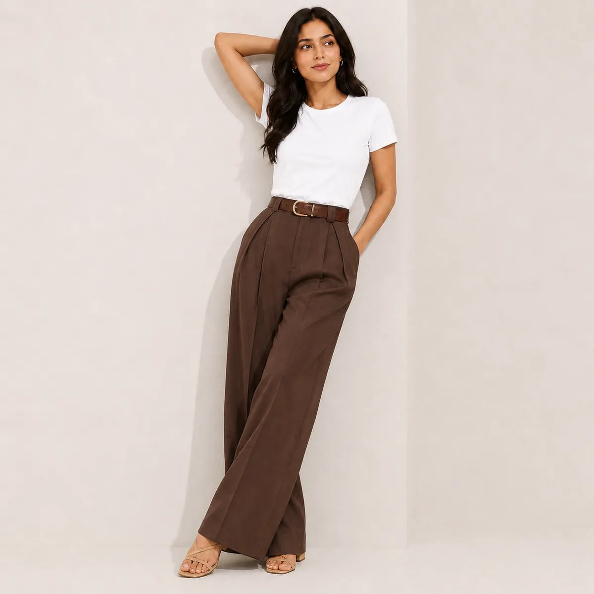 Korean Style High Waist Belted Brown