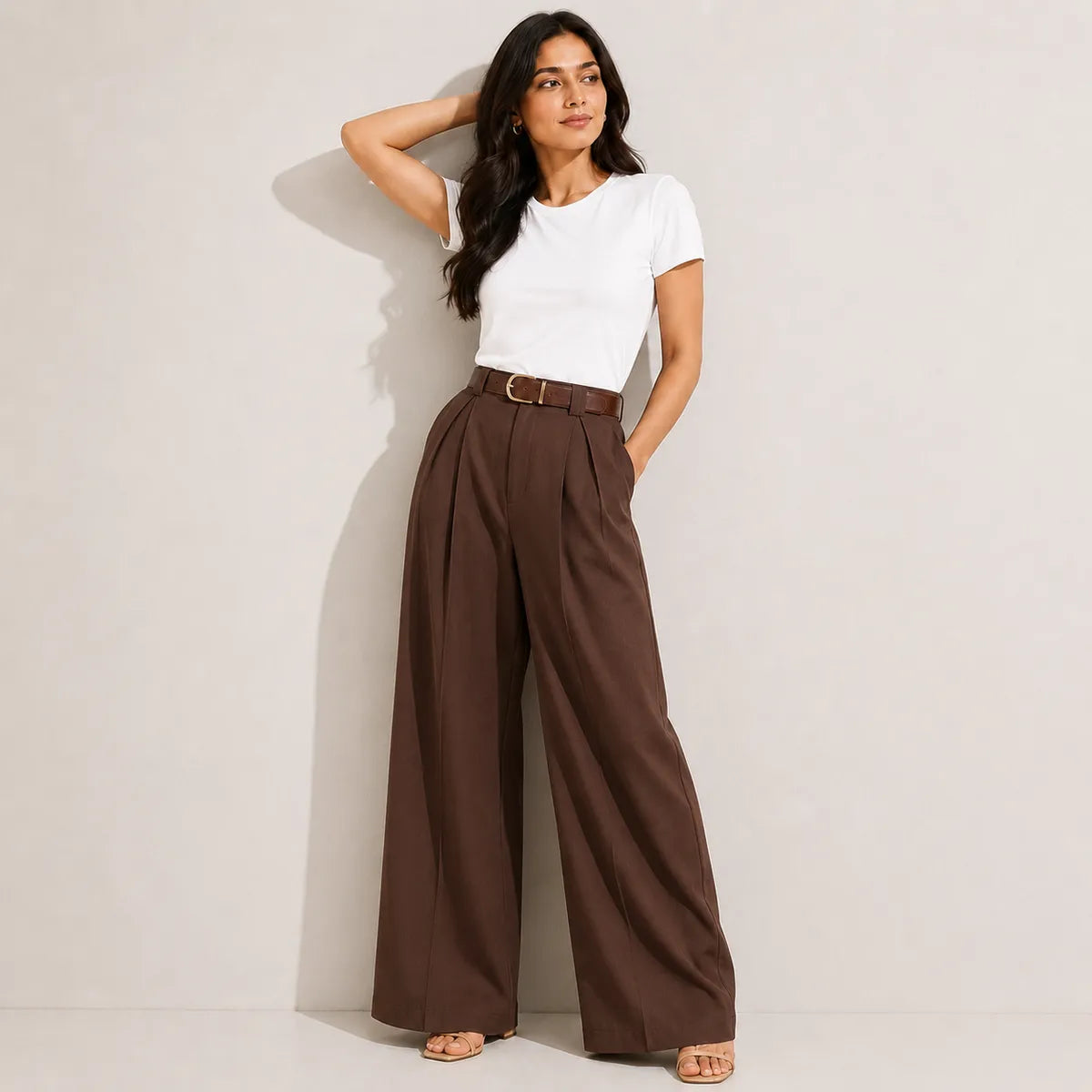 Korean Style High Waist Belted Brown