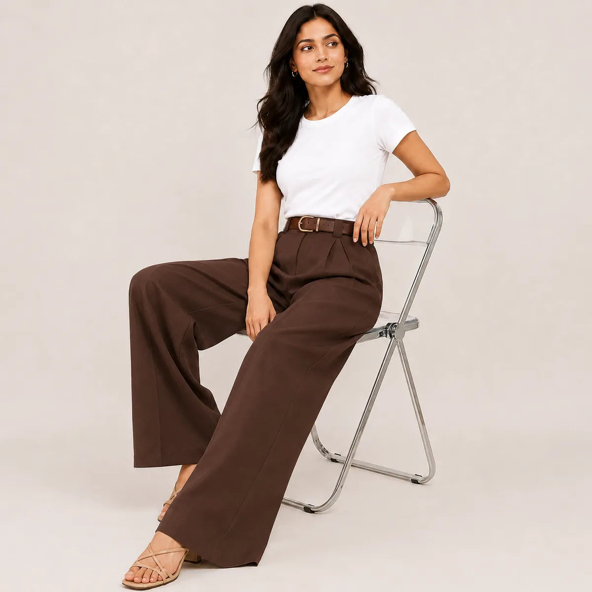 Korean Style High Waist Belted Brown