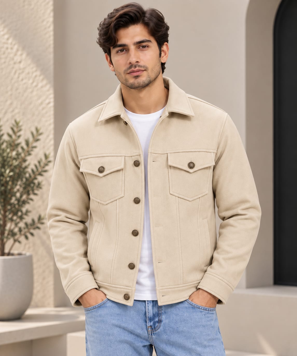 Men's Beige Tweed Textured Jacket