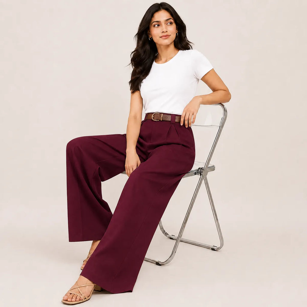 Korean Style High Waist Belted Maroon
