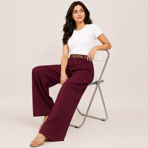 Korean Style High Waist Belted Maroon