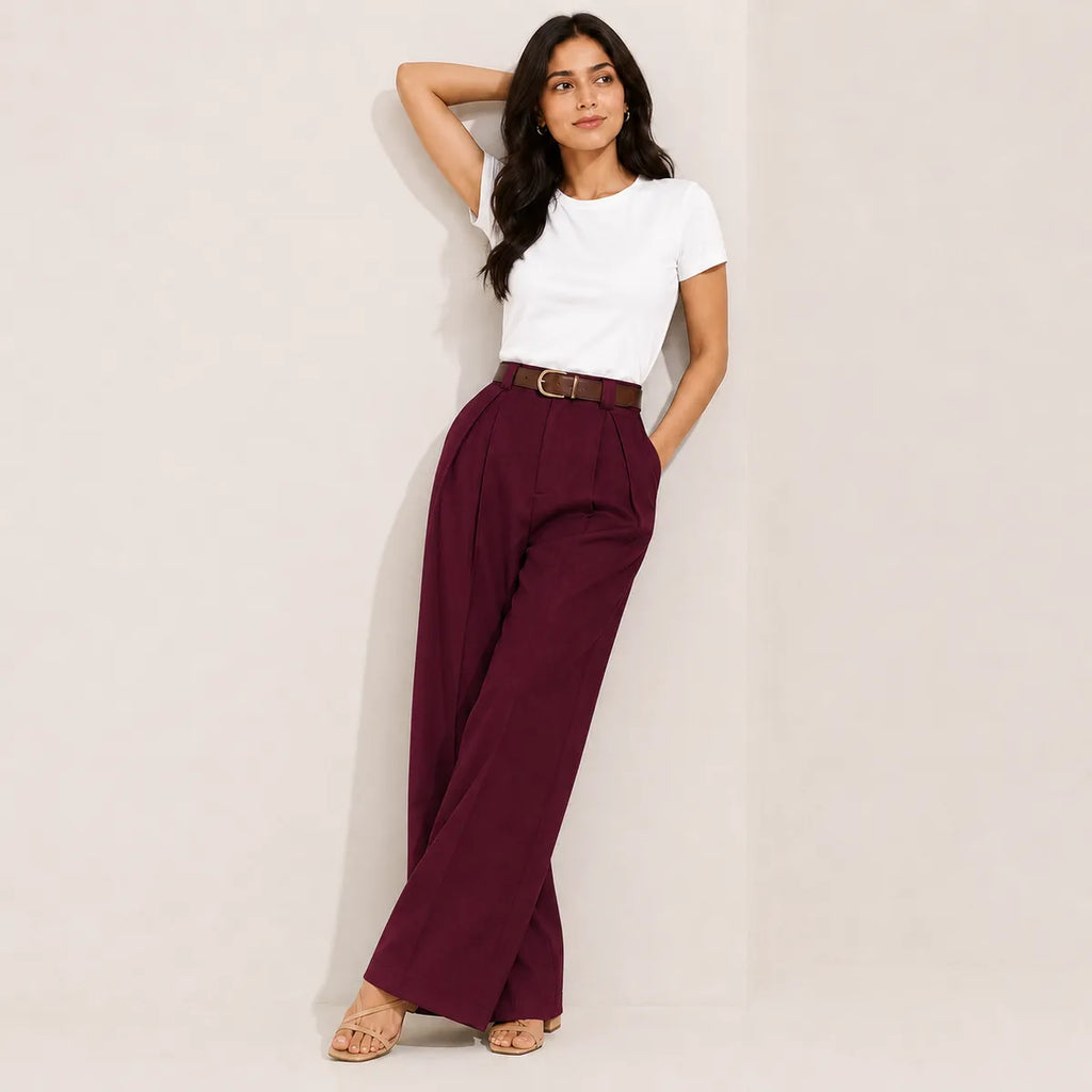 Korean Style High Waist Belted Maroon