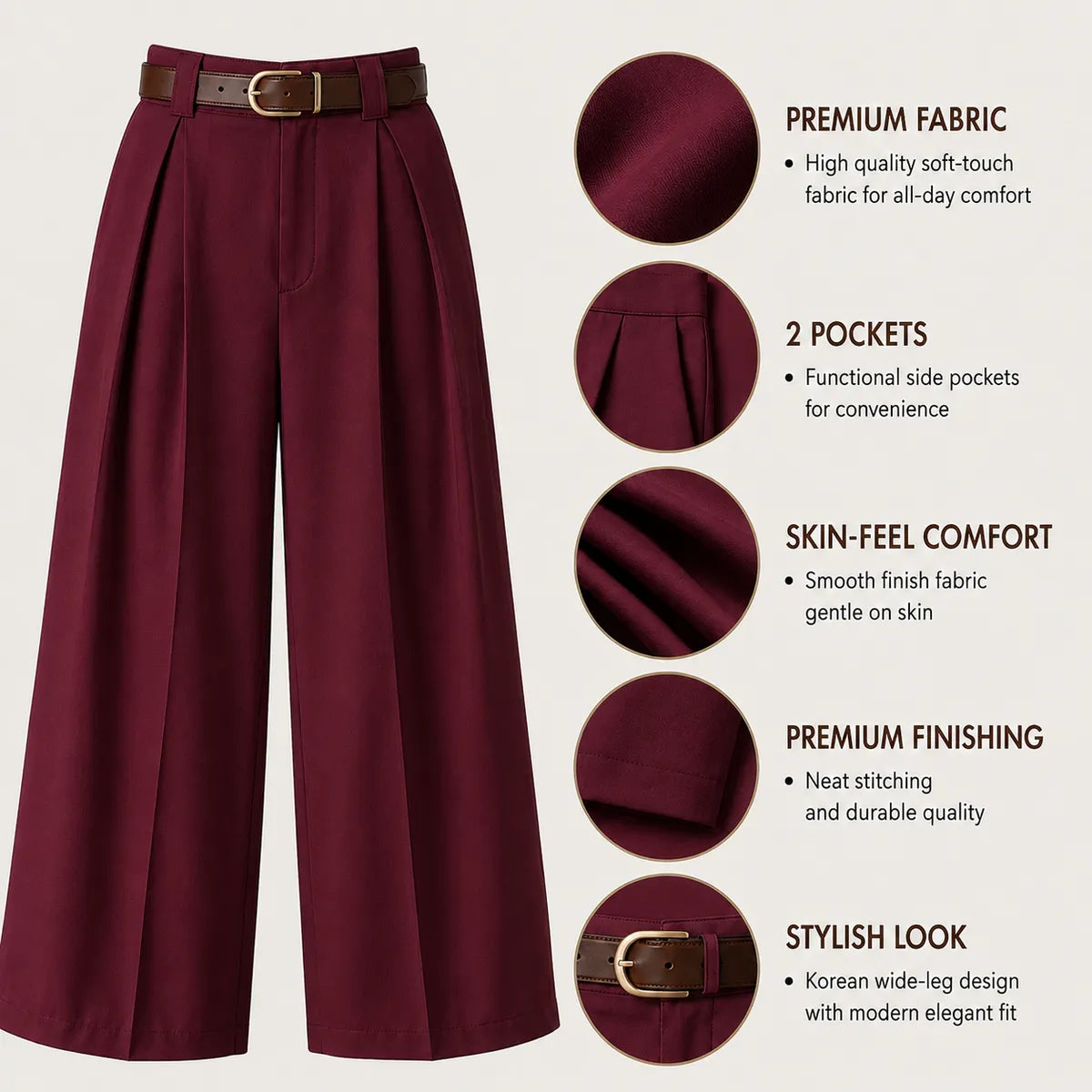 Korean Style High Waist Belted Maroon