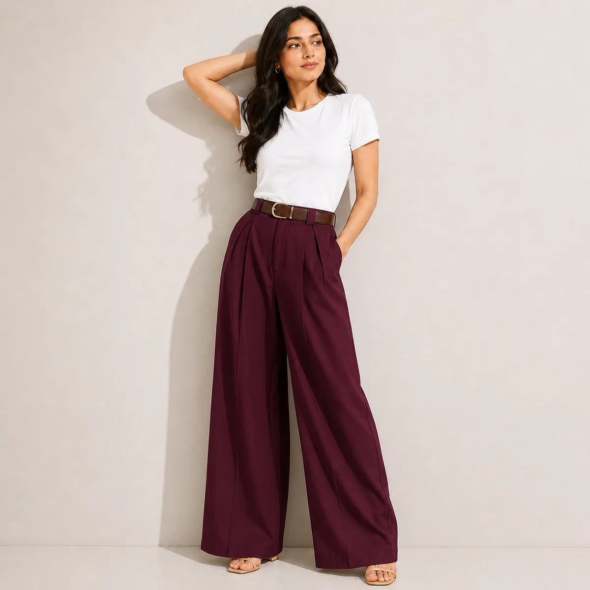 Korean Style High Waist Belted Maroon